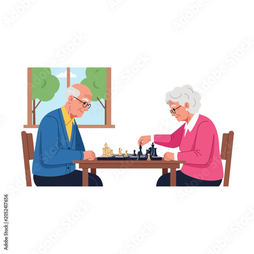 Elderly couple playing chess at a table indoors near a window.