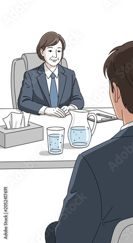 Two people in suits sit at a desk in an office.