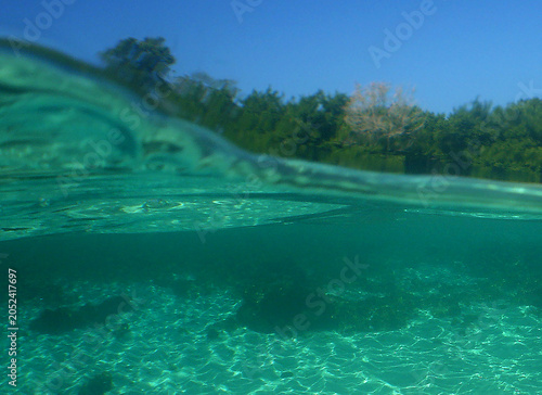 Crystal Clear Turquoise Water Surface with Sandy Seabed Reflections