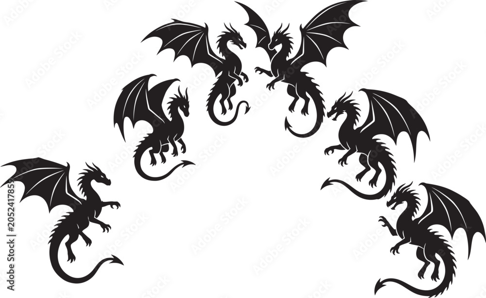 Fototapeta premium Collection of black dragon silhouettes flying