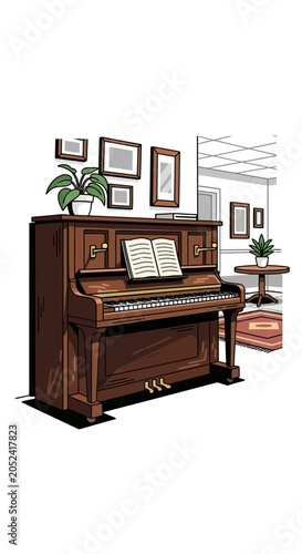 Brown upright piano with sheet music in a room with decorations.