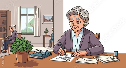 Older woman writing at desk in room with another person in background.