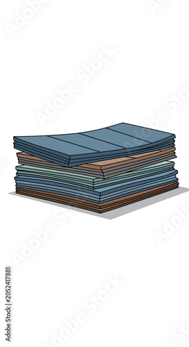 Stack of folded blue and gray clothes or towels on a white surface.