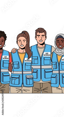 Diverse group of people wearing vests standing together illustration teamwork concept.