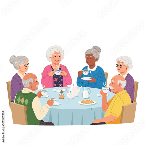 Group of elderly people sitting around table drinking tea illustration.