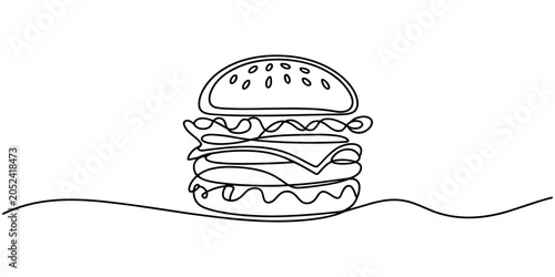 A single continuous one line drawing of a delicious burger, continuous line of burgers. line drawing of stuffed burger isolated. one line Icon drawing with white background, One continuous line