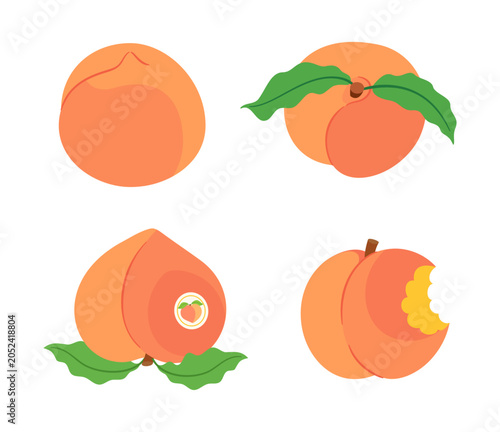 Peach fruit set. Whole peach fruit with green leaves, and bitten peach. Hand drawn flat style isolated. Colorful decorative vector elements for summer menus, posters, stickers, healthy food concepts.