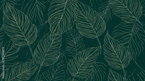 Dark Green Tropical Botanical Leaf Pattern Background Set with Copy Space