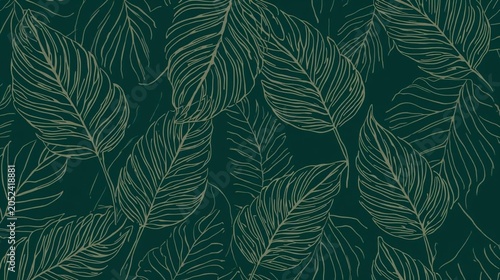 Dark Green Tropical Botanical Leaf Pattern Background Set with Copy Space