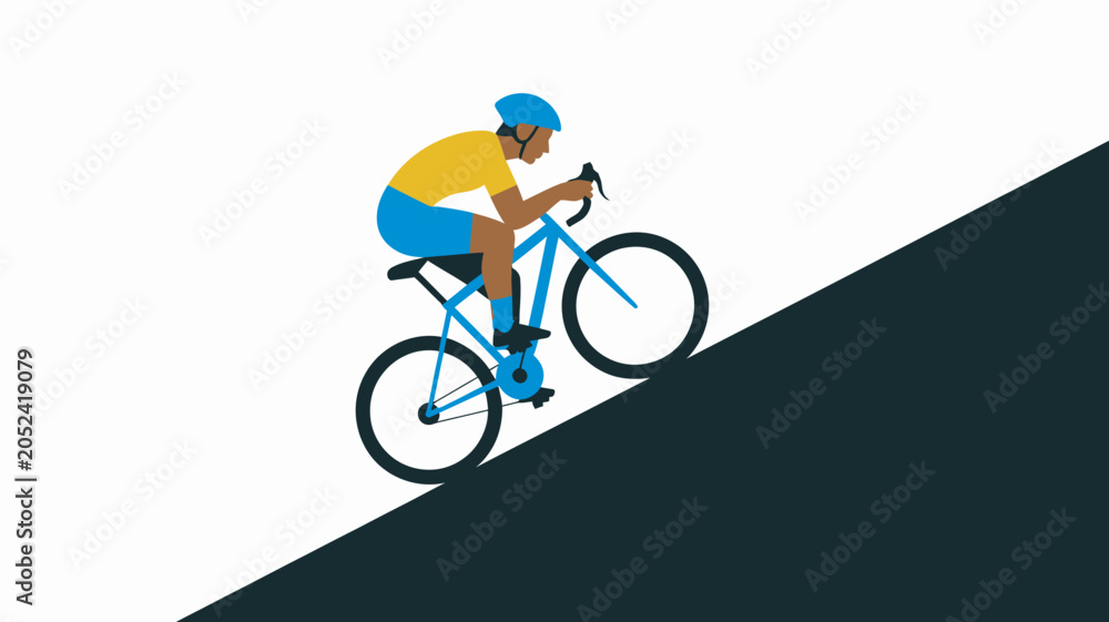 Fototapeta premium Cyclist riding a blue road bike on a downward slope
