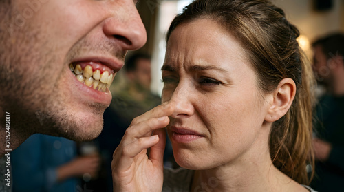 Woman recoils from man's bad breath in social setting. Generative AI