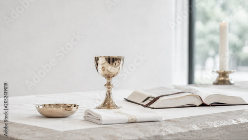 Golden chalice with ciborium and open holy bible on white altar table. Catholic eucharist liturgy celebration. Religious mass service in church. Sacrament of communion concept.