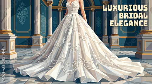 Bild auf Leinwand Luxury mermaid style white bridal gown with pearl detailed tulle overlay and ele