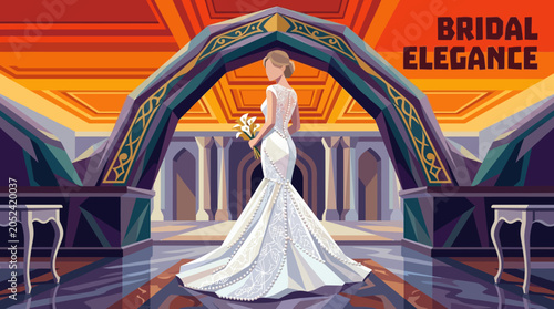 Tablou pe pânză Luxury mermaid style white bridal gown with pearl detailed tulle overlay and ele