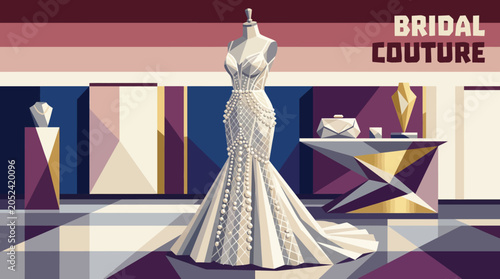 Tablou pe pânză Luxury mermaid amazing style white bridal gown with pearl detailed tulle overlay