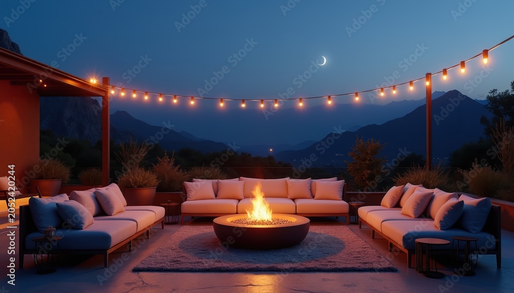 Naklejka premium Outdoor patio lounge with sofas, fire pit, and string lights. Mountain landscape at twilight. Night sky with crescent moon. Peaceful ambiance for relaxation and gatherings.