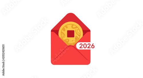 Red envelope with gold coin and 2026.