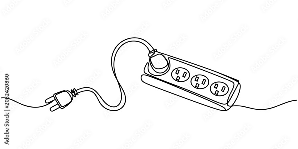 Obraz premium Continuous one Line drawing of Electrical Power Strip Extension Cord multiplug.