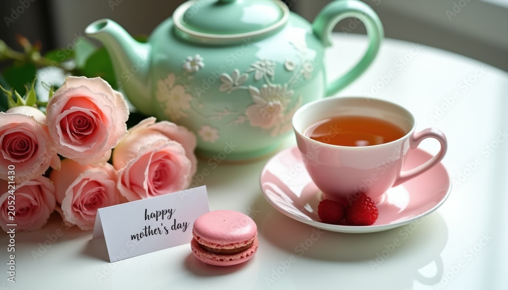 Fototapeta premium Tea set with roses and macaron for Mother Day celebration. Pink cup with tea and raspberries. Light green teapot on table. Gift idea for mom.