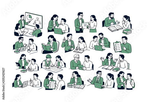 Expert Knowledge Series collection of digital illustrations NOT icons NOT symbols, 12?20 character-driven small scenes of specialists giving advice, sharing knowledge, presenting certificates,