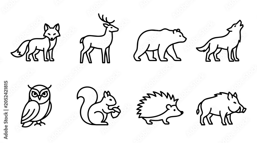 Fototapeta premium Forest animal icons, portraying a collection of wildlife symbols for nature, ecology, and outdoor concepts