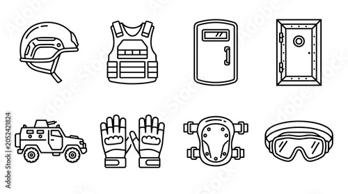Collection of tactical and military equipment icons representing security, defense, and protective gear for various roles