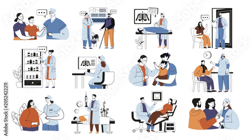 Medical clinic concept set in flat design. Healthcare professionals consulting patients, conducting medical examinations, reviewing diagnostics, providing treatment, vaccination. Vector illustrations.
