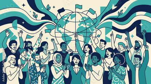 Diverse Global Community Celebrating Together Around Earth Illustration
