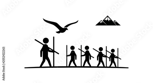 People walking in a line formation.
