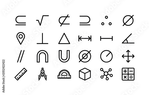 Geometric Logic Signs. Line icon set of math and dimension signs: subset sign, square root sign, not subset sign, superset sign, therefore sign, empty set sign, pinned marker sign, perpendicular sign,