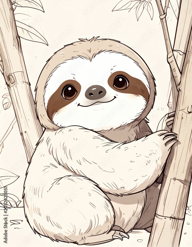 Obraz premium A cute, smiling sloth clings to bamboo in a peaceful, softly detailed drawing with gentle, natural tones.