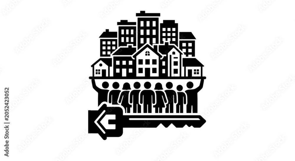 Obraz premium Intricate black and white vector image depicting a diverse community of people holding up a city skyline with a house key symbolizing affordable housing.