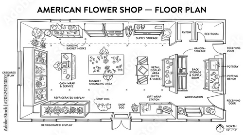 American flower shop floor plan, architectural retail store layout vector, florist shop interior design blueprint with bouquet arranging area