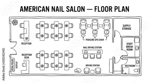 American nail salon floor plan, architectural layout for beauty spa business, interior design blueprint with pedicure chairs and drying stations