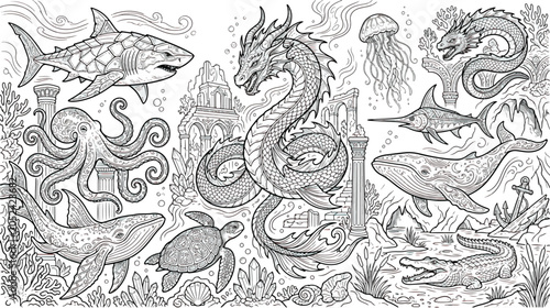 Foto Mythical sea monsters and underwater creatures coloring page, hand drawn ocean a