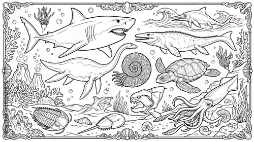 Photography Vintage prehistoric marine life coloring page, ancient sea creatures and dinosau