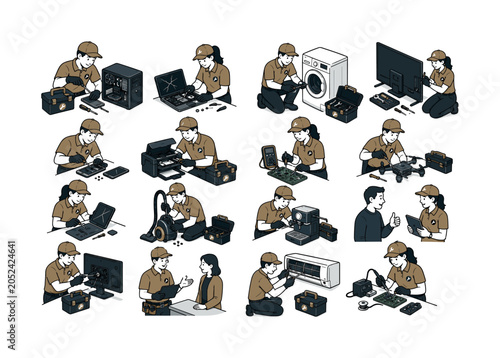 Repair Service Series collection of digital illustrations NOT icons NOT symbols, 12?20 character-driven small scenes of repair workers fixing devices, using toolboxes, maintaining equipment,