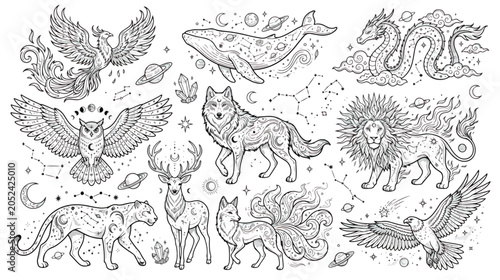 Bild auf Leinwand Celestial mystical animals vector set, occult zodiac creatures with moon and sta