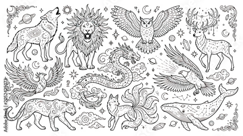 Εκτύπωση καμβά Celestial mystical animal collection, spiritual occult line art vector set, esot