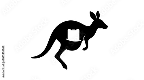 Kangaroo Silhouette with Pouch Holding Object on White Background.