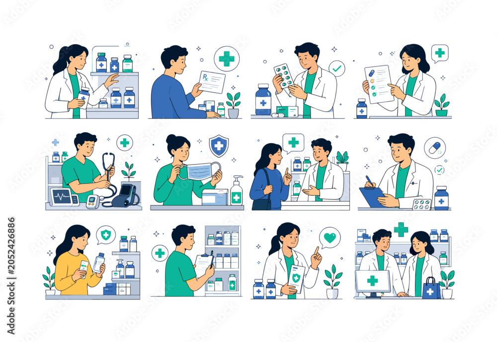 Fototapeta premium Pharmacy Health Service. Medical preparations, equipment, medicine, pills, health, pharmacists, masks, prescriptions, and pharmacy support. 12 minimalist editorial vector scenes: a pharmacist