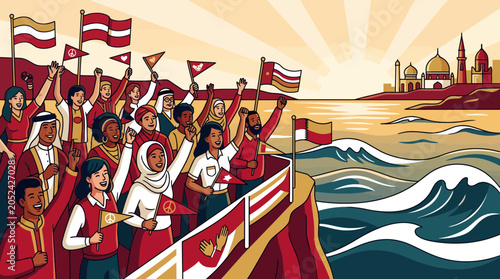 Quadro su tela Diverse crowd celebrates on a boat with flags, facing a city skyline at sunrise