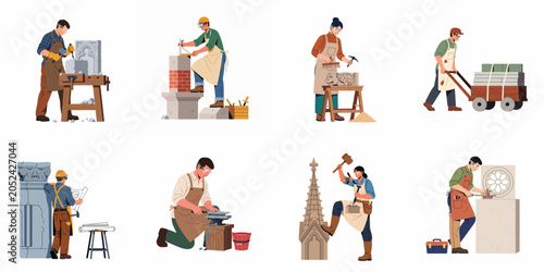 Obraz na plátně Illustration set of professional stonemasons and sculptors crafting architectural elements, restoring stone statues, and working with traditional masonry tools on a white background