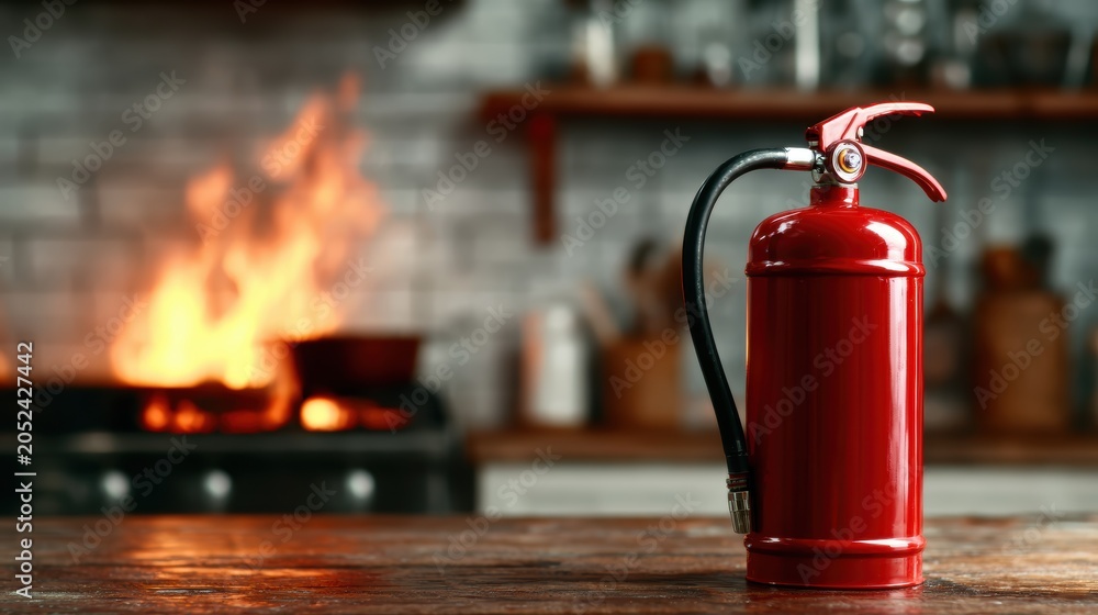 Obraz premium A vibrant red fire extinguisher stands prominently in the foreground as flames flicker in the background, symbolizing safety and the importance of preparedness in emergencies.