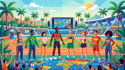 Εκτύπωση καμβά Diverse athletes hold hands on world map at stadium, celebrating global unity an