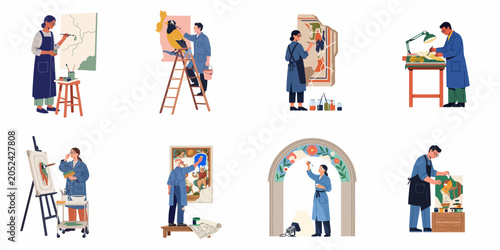 Obraz na plátně Set of diverse professional art restorers and conservators meticulously working on restoring historical paintings, murals, and ancient artifacts in an art studio