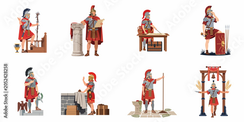 Bild auf Leinwand Set of Ancient Roman Centurion and Legionary Character Illustrations in Various