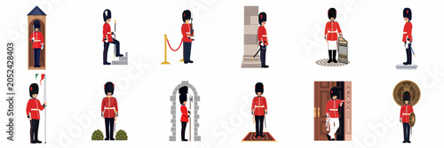 Schilderij op canvas Set of flat vector illustrations depicting royal guards in red tunics and bearskin hats in various traditional poses and settings