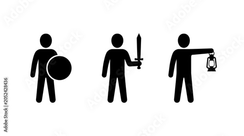 Stick figures with weapons and shield.