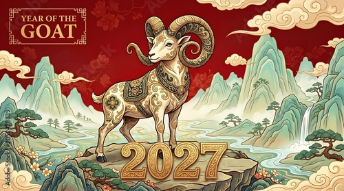 Chinese New Year 2027 Year of the Goat Zodiac Illustration with Traditional Mountains